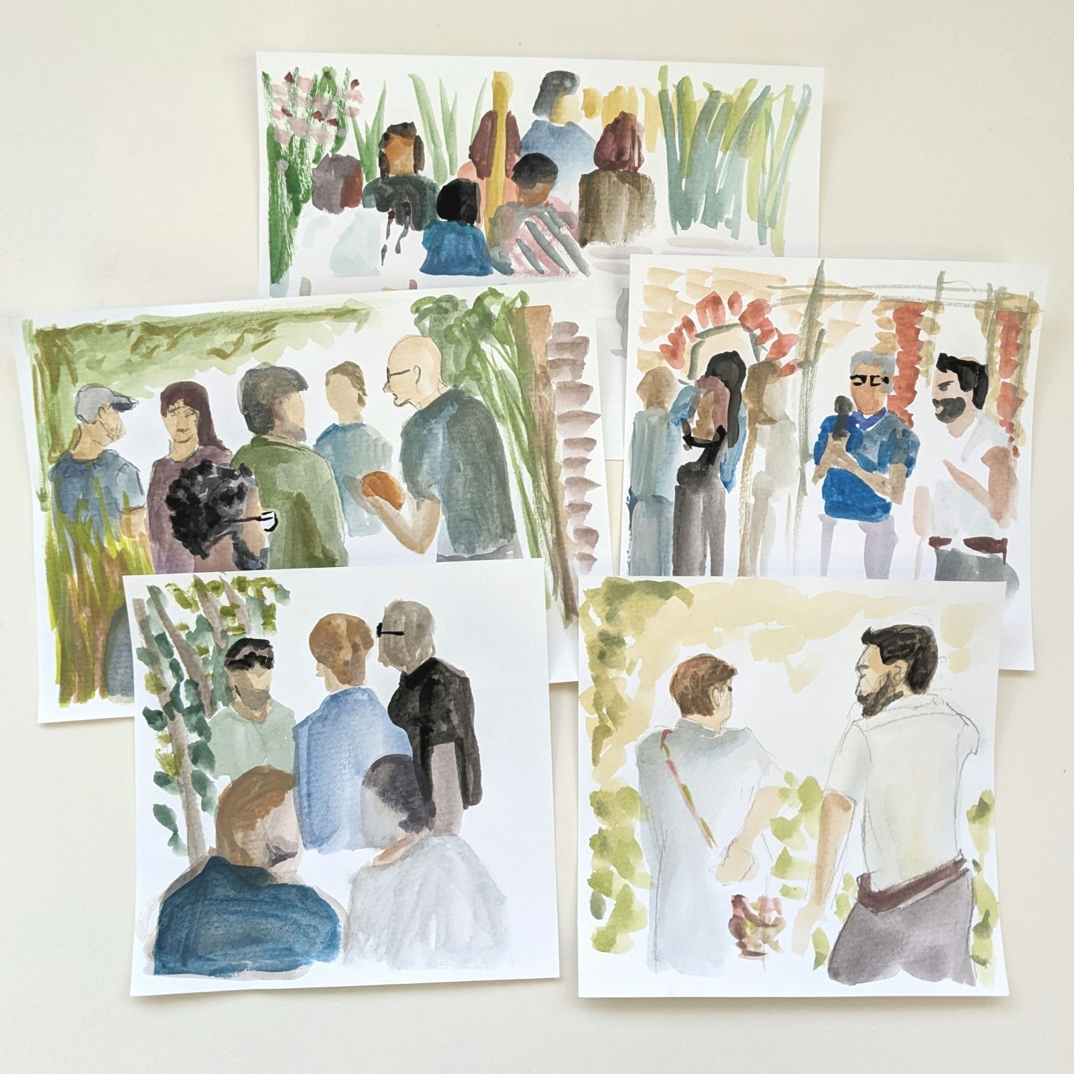 Aquarellbilder von mehreren Personen an einem Apero