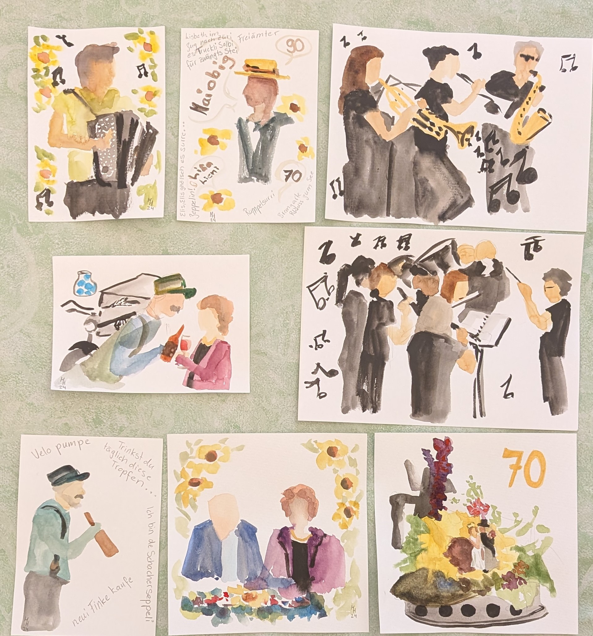 Aquarellbilder von mehreren Personen an einem Fest
